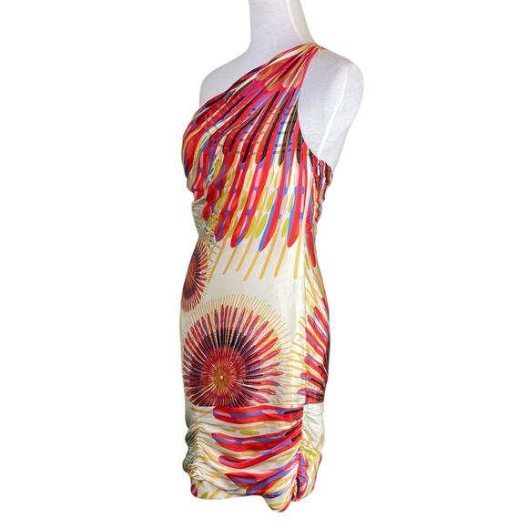 J. Hoaglund Starburst Multicolor Satin Silk One Shoulder Mini Cocktail Dress - Picture 3 of 12